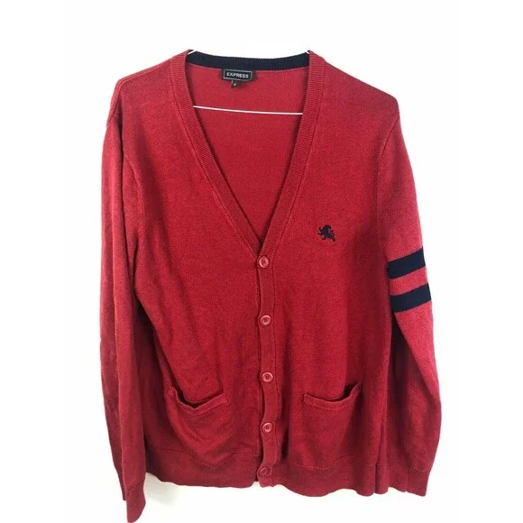 Express Mens L Cardigan Grandpa Sweater Academia Varsity Stripe Rugby Logo Red - Picture 2 of 9